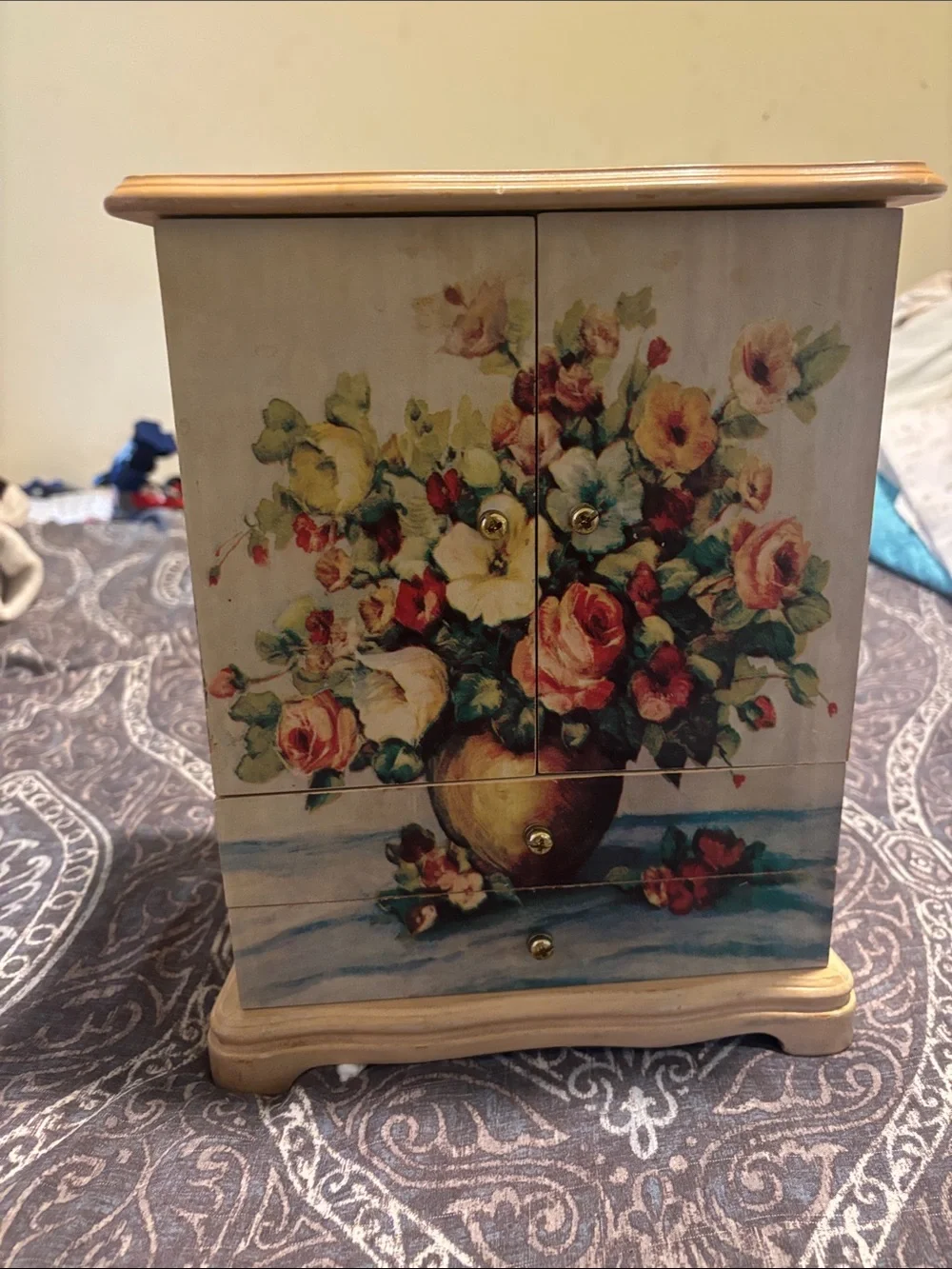 Floral Hand-Painted Wooden Jewelry Box - Yellow & Pink Bouquet